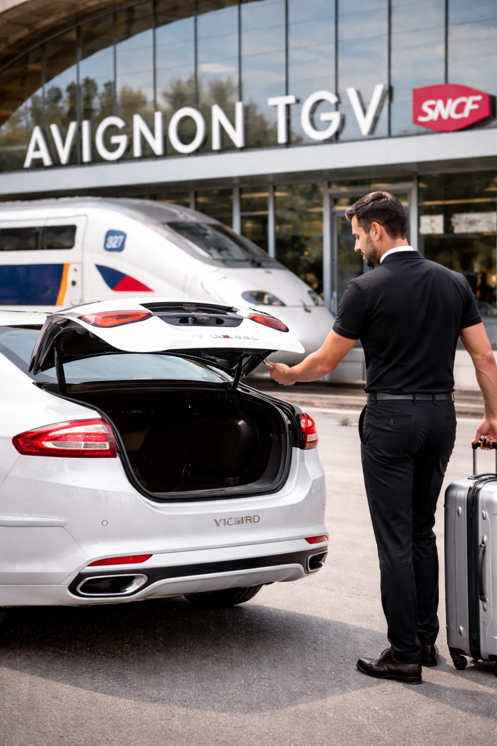 Chauffeur Taxi/VTC NawPrestige avec Ford Mondeo Vignale blanche pour transfert depuis la gare TGV d’Avignon